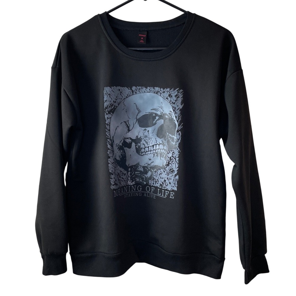Romwe Skull Graphic Sweatshirt Women's S/4 Black Excellent Meaning of Life Goth